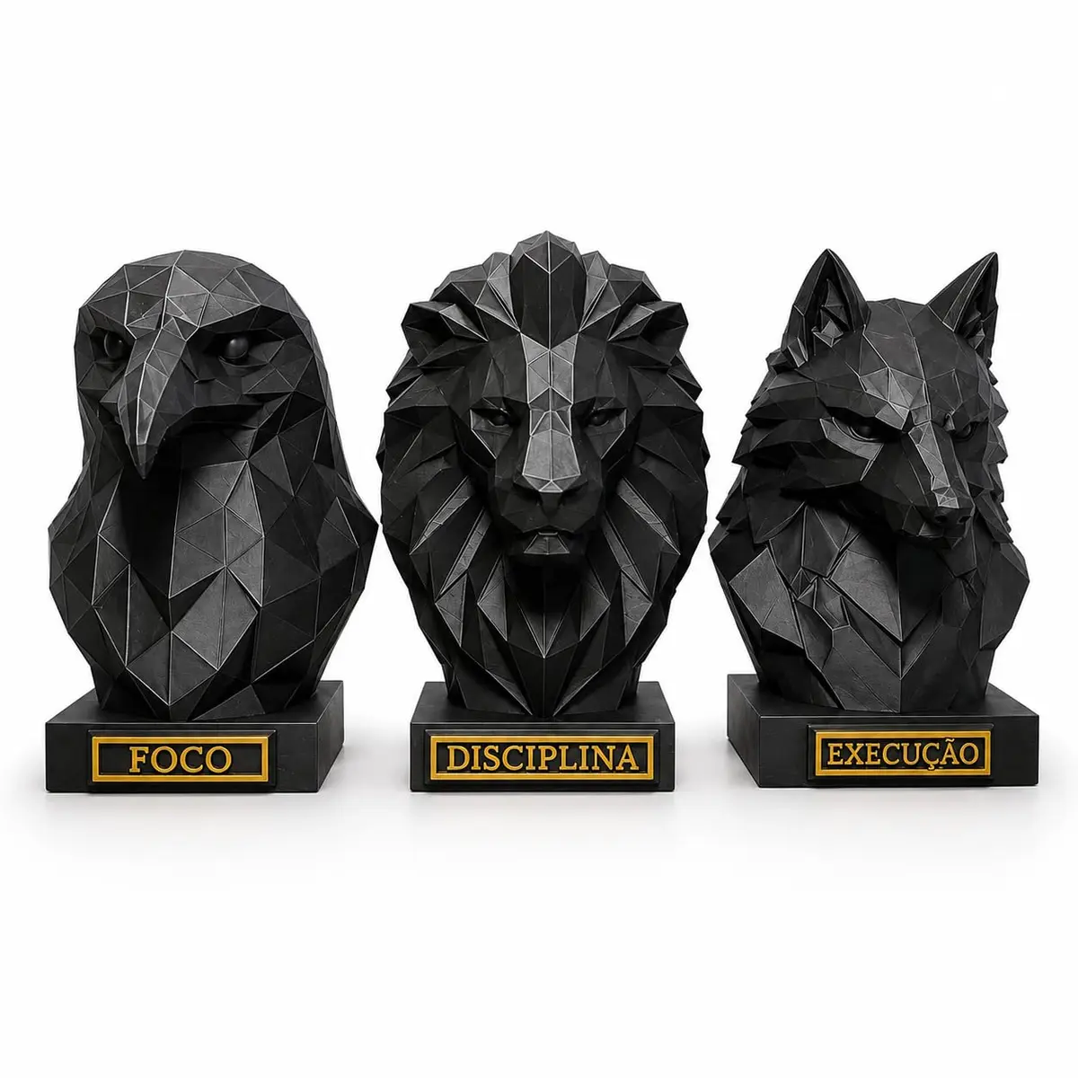 Kit 3 Estatuetas Foco Disciplina Execução Águia Leão e Lobo 15 cm Decoração | Decoração low poly com águia, leão e lobo, placas Foco, Disciplina e Execução, ideal para escritório, mesa e estante premium.