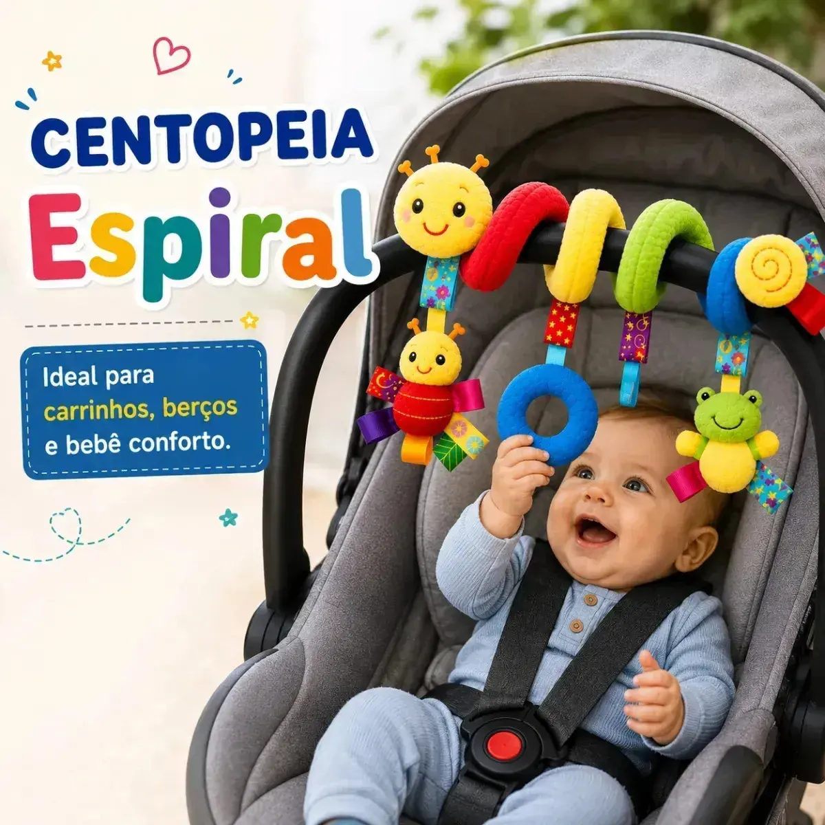 Centopéia Espiral Bichinho Pelúcia Brinquedo Carrinho Berço Bebê Conforto com Chocalho de Pendurar Sensorial Montessori Desenvolvimento Coordenação MLTM ECOM