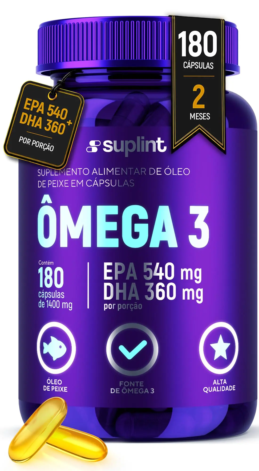 Ômega 3 EPA 540mg DHA 360mg | Óleo de Peixe Sem Glúten Sem Corantes | 5400mg — 60 Dias | 180 Cápsulas