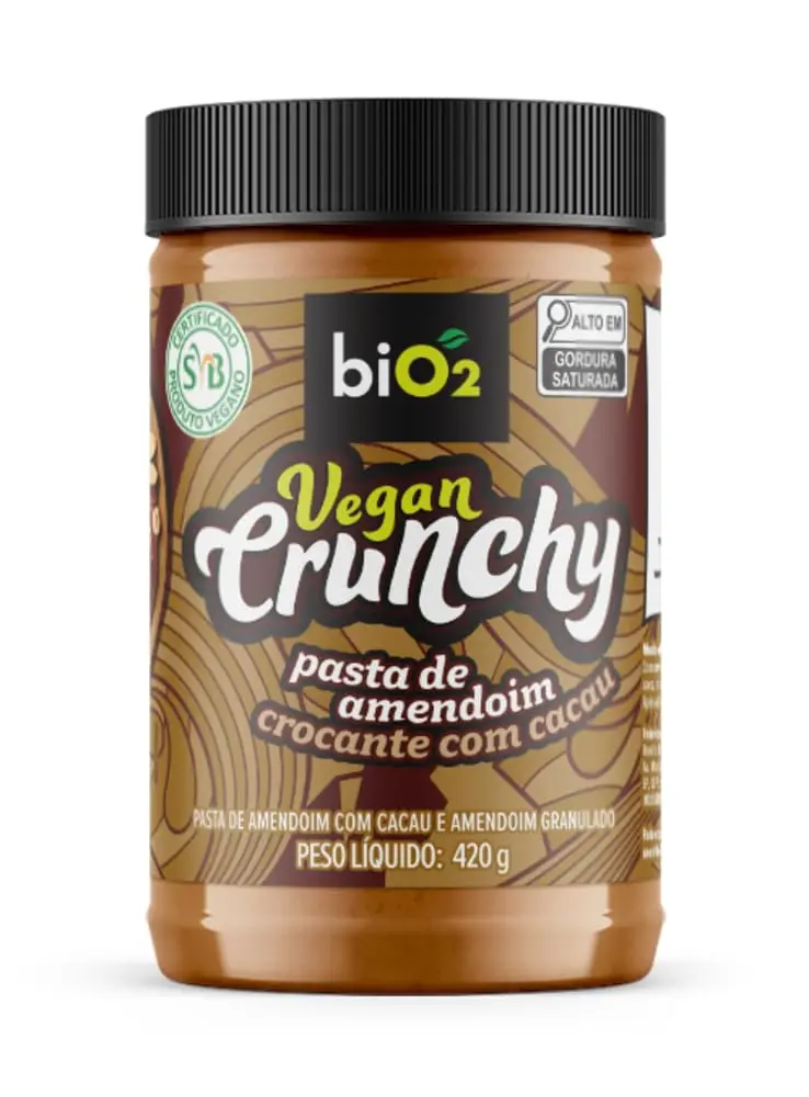 Pasta de Amendoim Crocante com Cacau biO2 Vegan Crunchy 420 g Vegana e sem Glúten