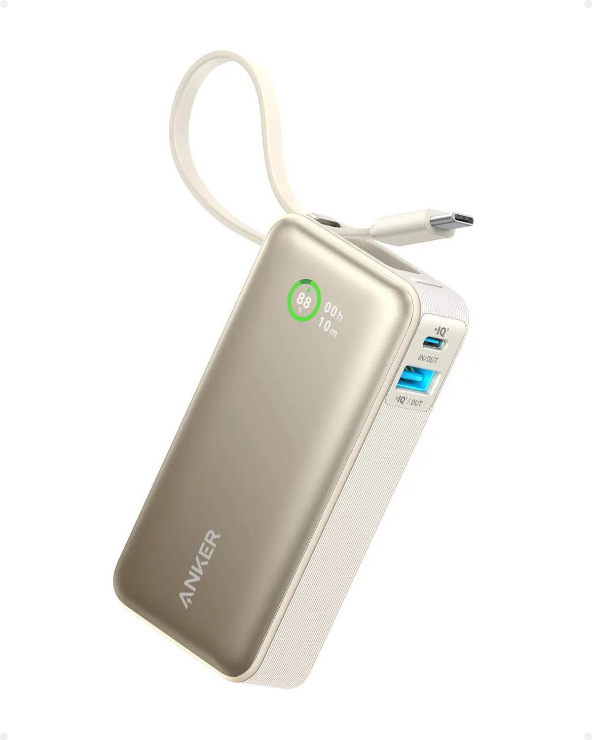 Anker Nano Power Bank 10000mAh, Carregador Portátil Até 30W | Cabo USB-C Integrado, para iPhone 18/17/16/15, Samsung, Xiaomi, Motorola, MacBook Air, iPad e Tablets, AirPods, Branco