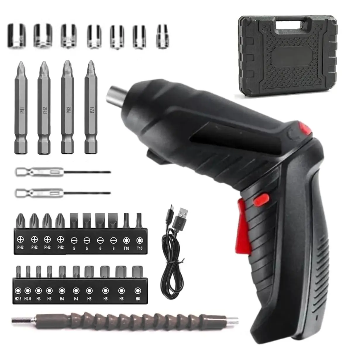 Chave de Fenda Elétrica Recarregável com Luz Led KIT 47 Peças Pontas Variadas 3.6V Reparos Domésticos Praticidades Montagem de Móveis PREMIUM