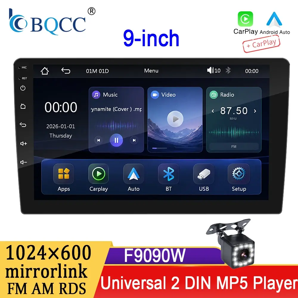 Rádio de Carro Universal BQCC 2 Din 9 Polegadas MP5 FM AM RDS com Espelhamento Bluetooth, CarPlay com Fio e Sem Fio, Android Auto e Reprodutor Multimídia - 1