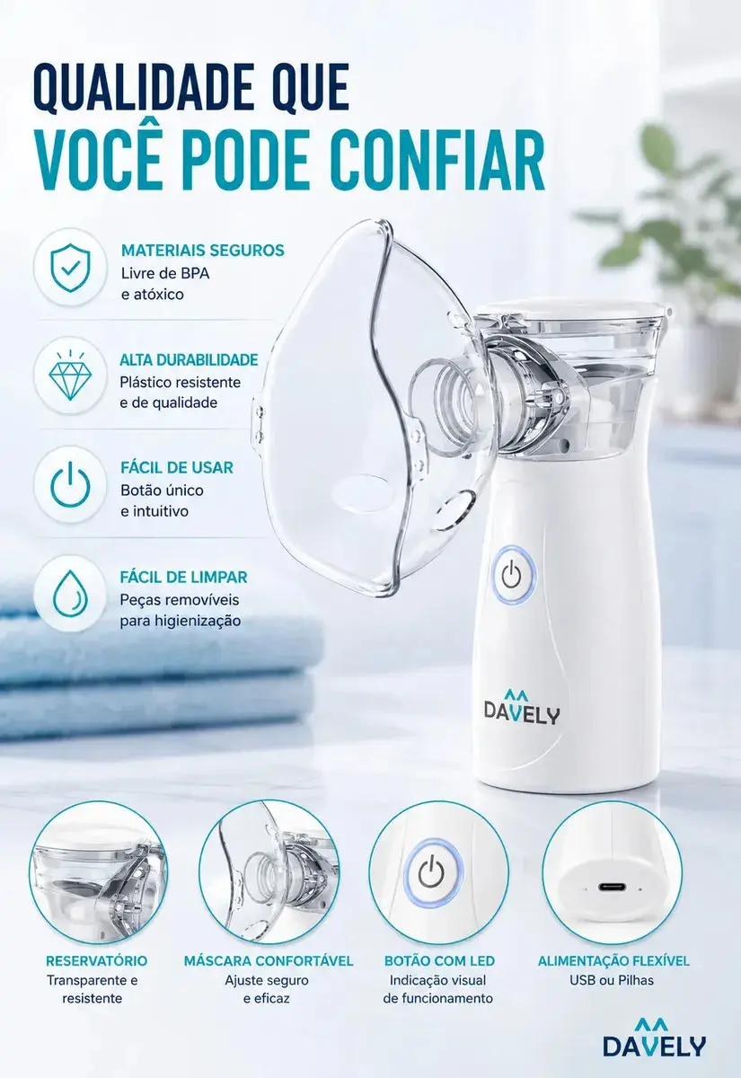Inalador Nebulizador Portátil Mesh Sem Fio Silencioso Compacto Mesh Bivolt Nebulizador Com Rede Vibratória Aparelho Para Inalação Inalador Silencioso A Pilha Ou Cabo Usb - Marca Davely thumbnail 2