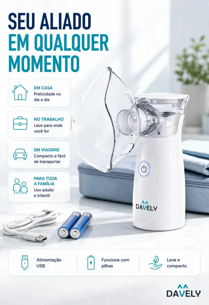 Inalador Nebulizador Portátil Mesh Sem Fio Silencioso Compacto Mesh Bivolt Nebulizador Com Rede Vibratória Aparelho Para Inalação Inalador Silencioso A Pilha Ou Cabo Usb - Marca Davely thumbnail 3