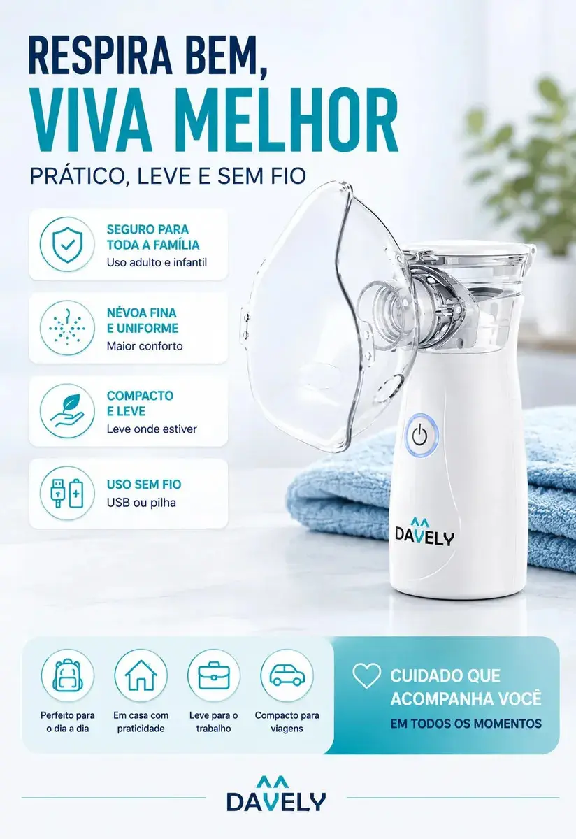 Inalador Nebulizador Portátil Mesh Sem Fio Silencioso Compacto Mesh Bivolt Nebulizador Com Rede Vibratória Aparelho Para Inalação Inalador Silencioso A Pilha Ou Cabo Usb - Marca Davely thumbnail 6