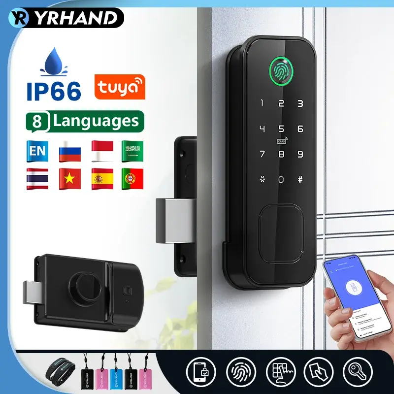 YRHAND Tuya WiFi, 8 idiomas, impressão digital, IP66, à prova d'água, fechadura inteligente sem chave para portão externo, com código, cartão RFID, para uso doméstico. - 1
