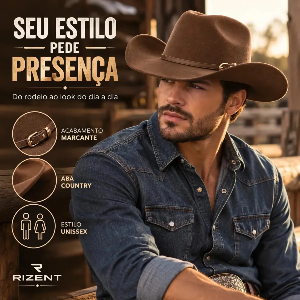 Chapéu Country Cowboy Rodeio Barretos Unissex Elegante Cor Marrom-escuro Desenho do tecido Lisa Tamanho 56 - 59cm (M único) thumbnail 3