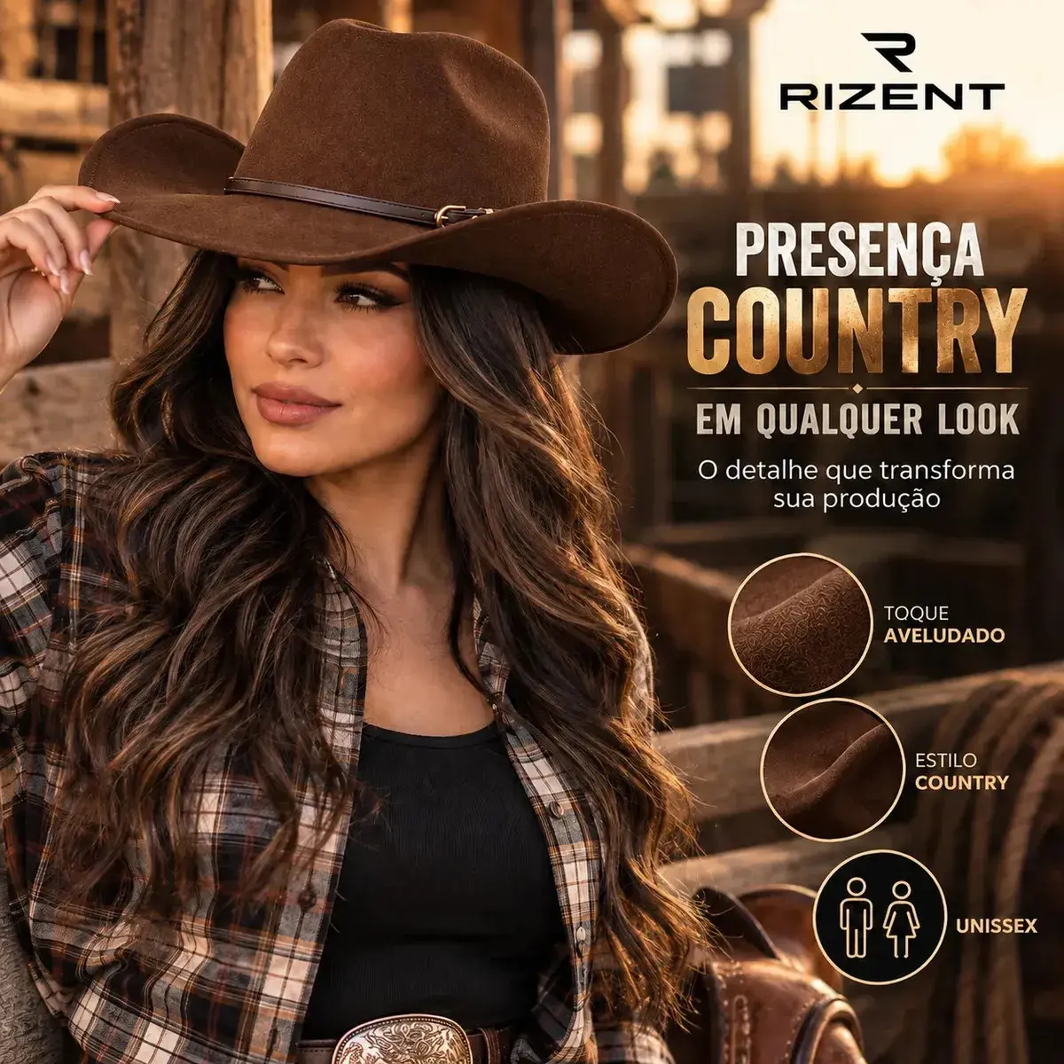 Chapéu Country Cowboy Rodeio Barretos Unissex Elegante Cor Marrom-escuro Desenho do tecido Lisa Tamanho 56 - 59cm (M único) thumbnail 4