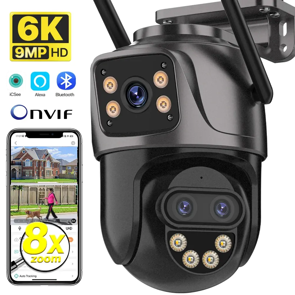 Câmera IP 6K 9MP HD WiFi para Exterior, Zoom de 8x, Três Lentes, Tela Dupla, Câmera de Segurança Residencial PTZ, Vigilância por Vídeo 6MP ICSee