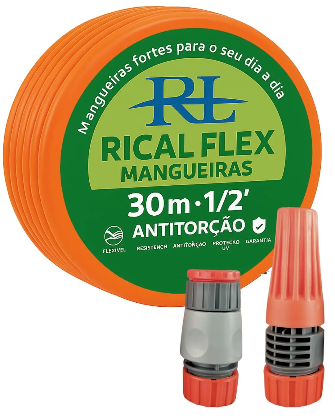 Mangueira Jardim Rical Flex 30m 1/2 Pol PVC Laranja Antitorção UV com Engates Rápidos - 1