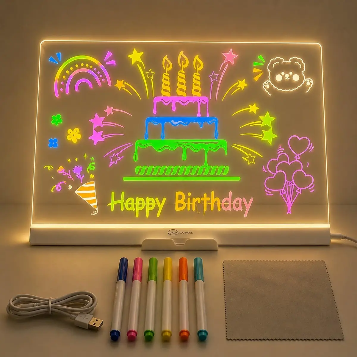 Quadro de Desenho Luminária LED para Escrita com 7 Canetas – Lousa de Mesa para Anotações em Acrílico com Efeito 3D
