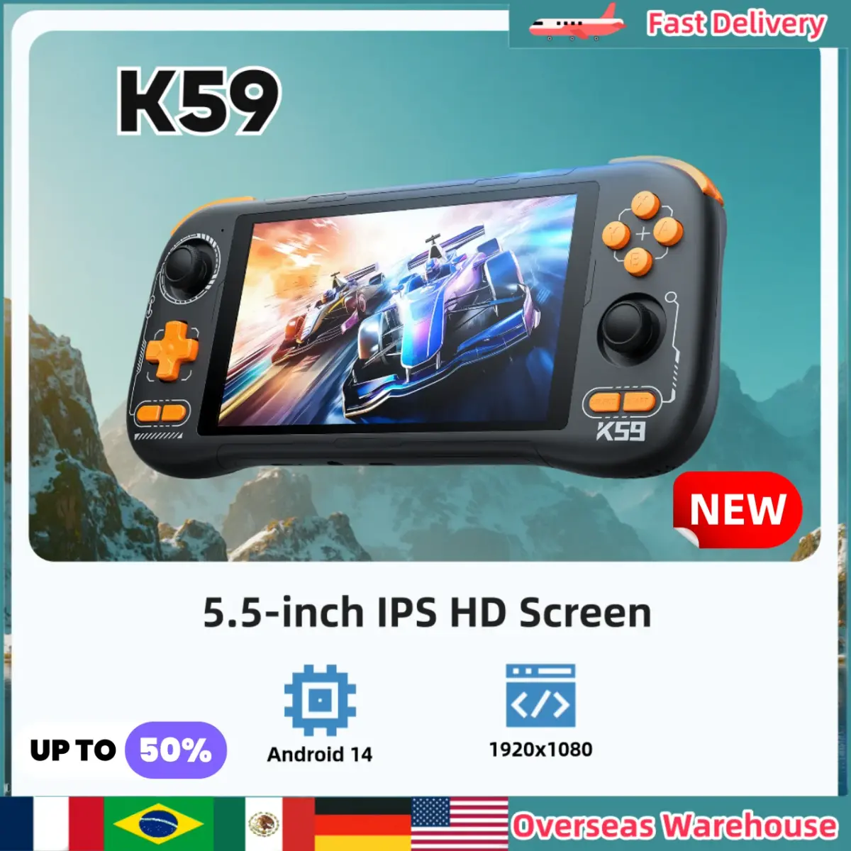 Console de Jogo Portátil K59 com Tela IPS HD de 5,5 Polegadas, Jogabilidade Fluida, Console Portátil Android 14, 128G, Presentes para Meninos