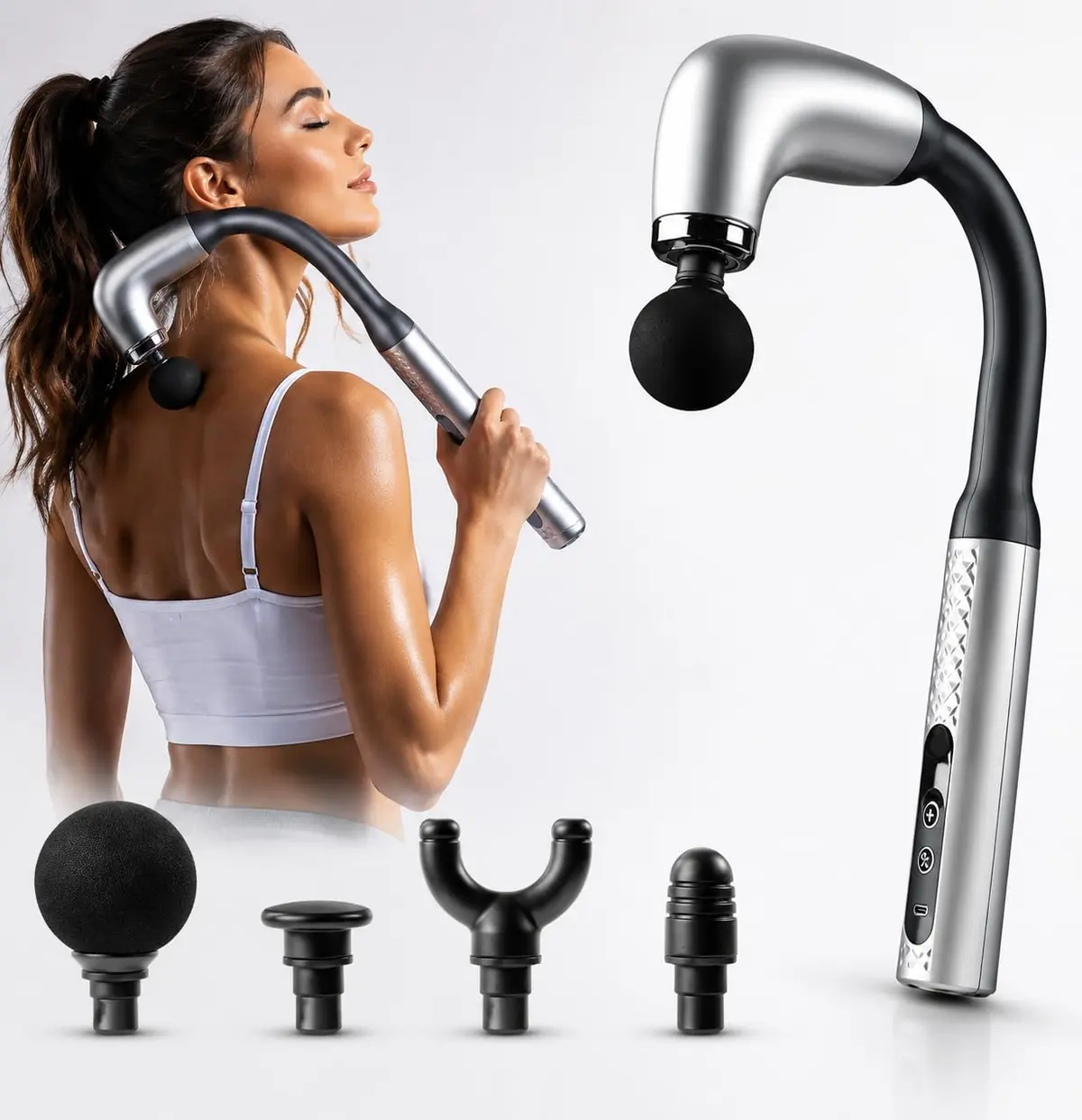 Pistola Massageadora com Cabo Longo, Massageador Elétrico para Costas, Ombros e Pernas, Pistola de Massagem com 4 Cabeças, Massageador Portátil para Relaxamento Muscular e Uso Individual para Relaxar - 1