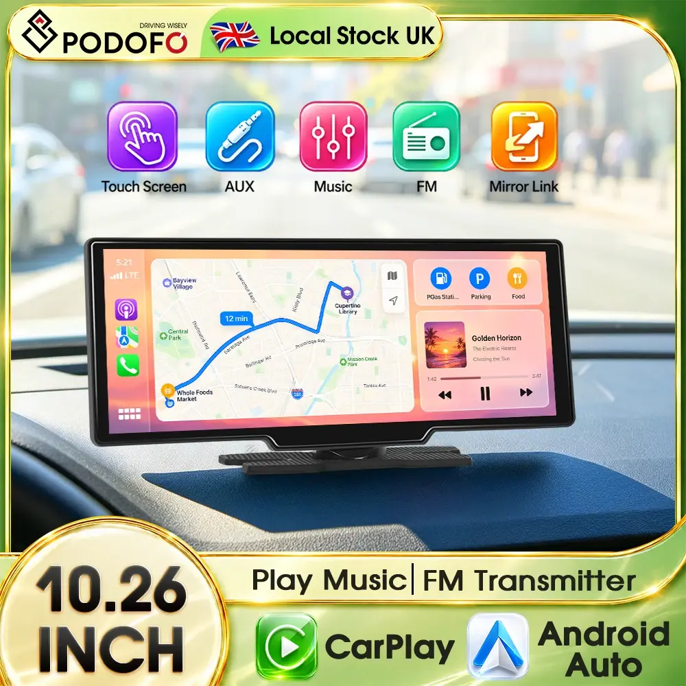 Podofo Reprodutor Multimídia Portátil para Carro de 10,26 Polegadas com CarPlay Sem Fio, Android Auto, Controle por Voz, Câmera de Ré, Monitor Universal para Carro