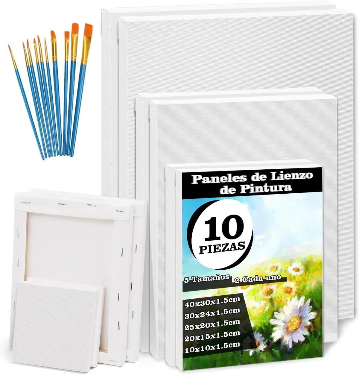 10 Peças de Tela para Pintura Inclui Cinco Tamanhos, Kit 10 Telas de Pintura, Arts Telas Kit de Telas para Pintura, Tela para Pintura em Tecido Canvas, Acompanha 10 Pincéis