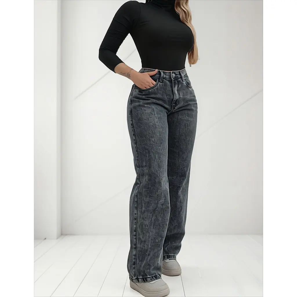 Calça Jeans Feminina Wide Leg Pantalona Cinza Grafite - 1