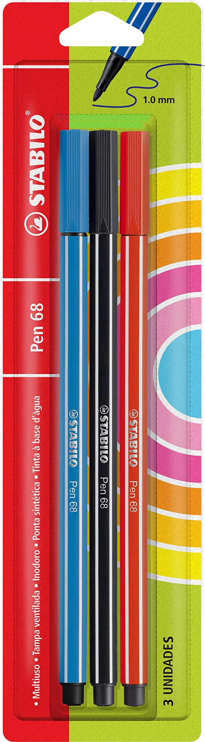 STABILO Pen 68 Caneta Hidrográfica 1.0mm – Blister com 3 – 120.2328 – Azul Royal/Preto/Vermelho – Pacote de 3 - 1