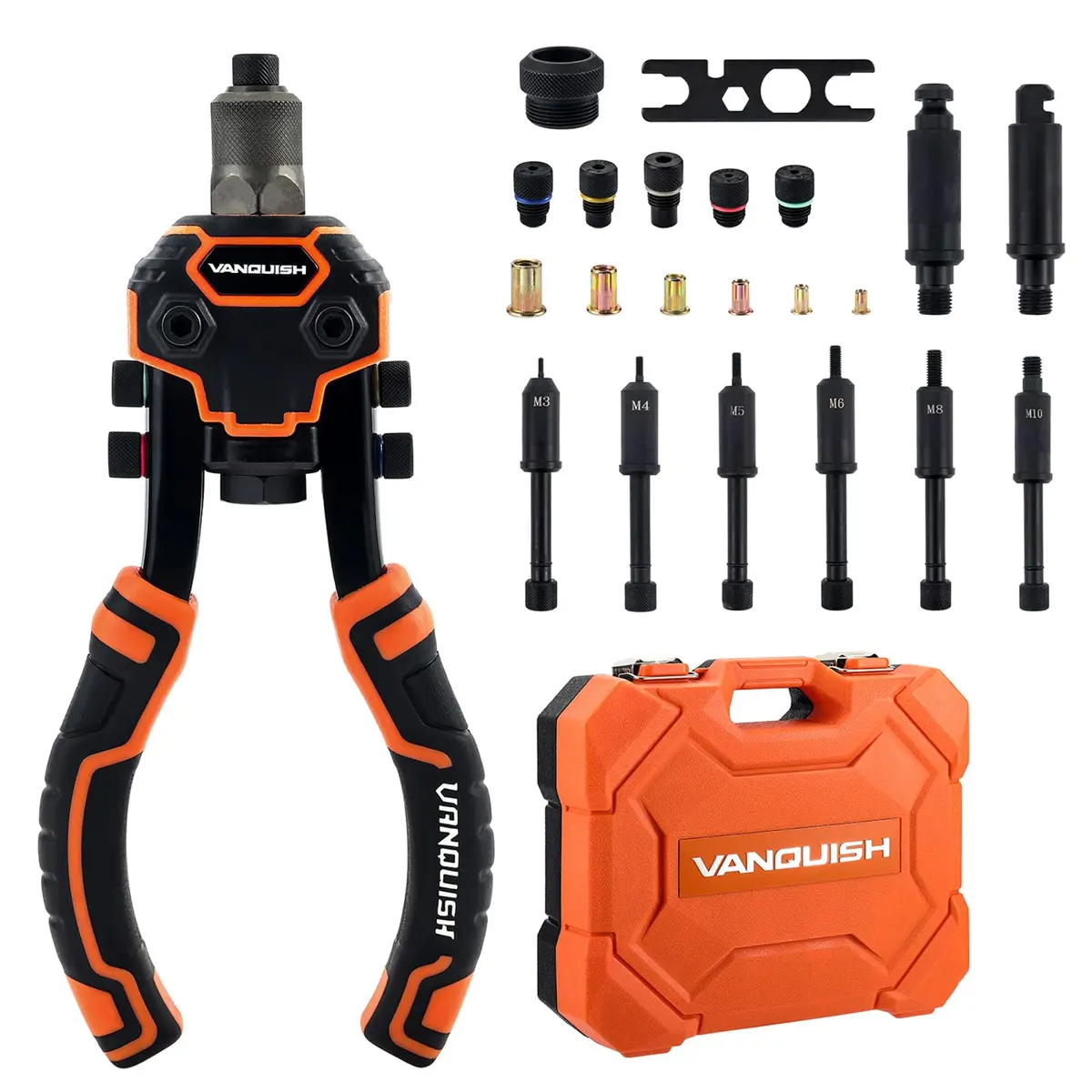 Vanquish Ferramenta de Porca de Rebite, Pistola de Rebite 3 em 1 com 60 Peças de Porcas de Rebite, 6 Mandris Métricos, 2 Mandris Alargadores e Estojo de Transporte (8010)