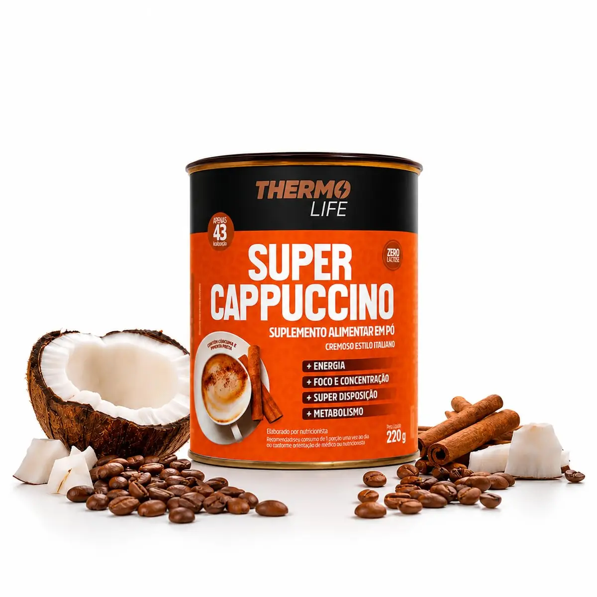 Thermo Life Super Cappuccino Termogênico 220g Vegano Café com TCM e Especiarias Naturais Zero Lactose 22 Doses