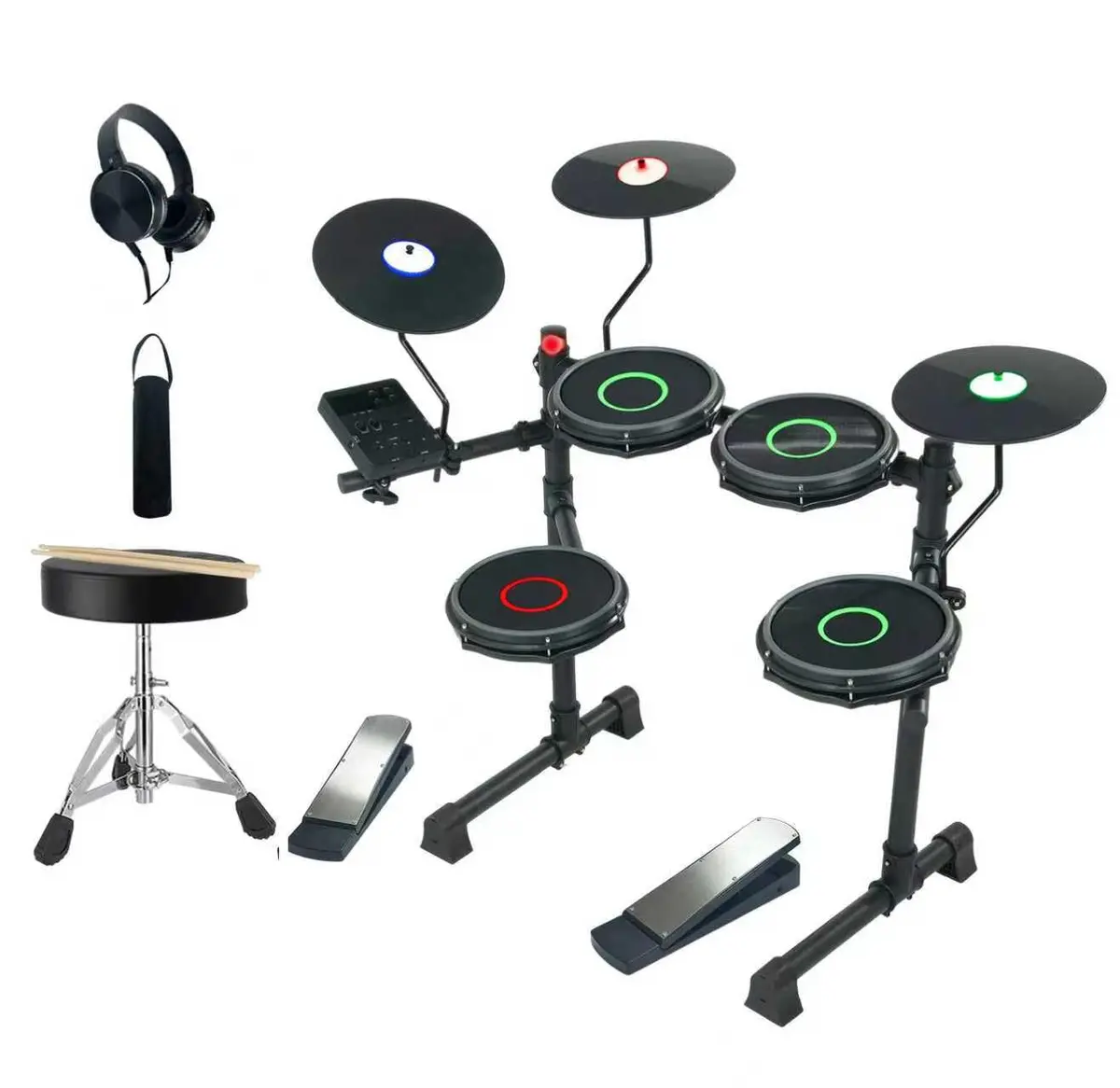 VEDO CPD-700 Bateria Eletrônica Profissional com Pele de Rede, Caixa de 8" Dual Zone, Pads e Pratos Iluminados RGB, 200+ Sons BFD, 2 Pedais, Banco, Fones e Baquetas – Preto - 1