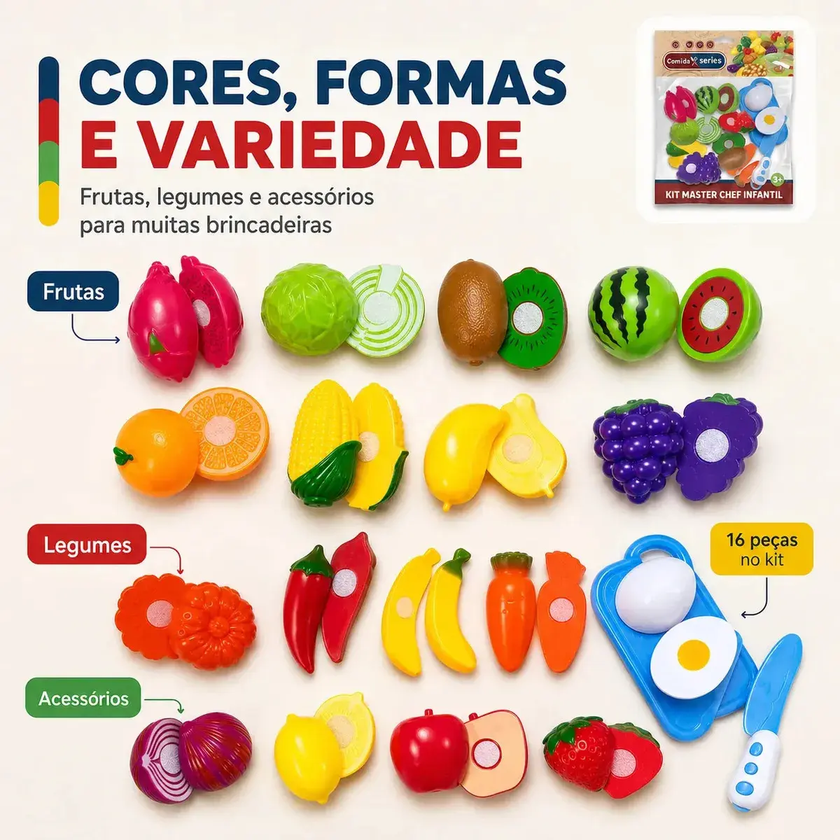 Kit Frutinhas Comidinhas 12 Peças Com Velcro De Cortar Brinquedo Cozinha Infantil De Cortar Educativo Kizumba thumbnail 7
