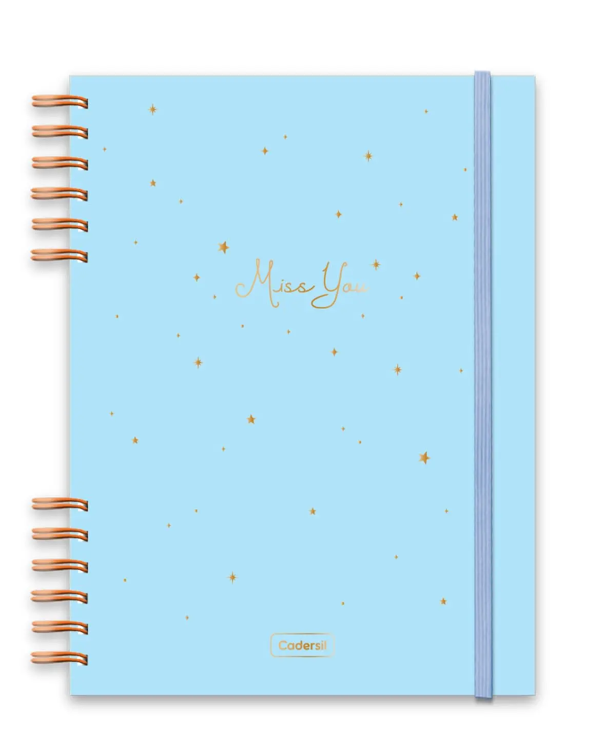 Caderno Colegial Criativo Cadersil 1/8 Com Elástico e Wire-o Estampa Miss You Azul – 80 Folhas – Capa Dura com Hot Stamping Dourado – Miolo Pautado - Ideal para Anotações Criativas e do Dia a Dia - 1