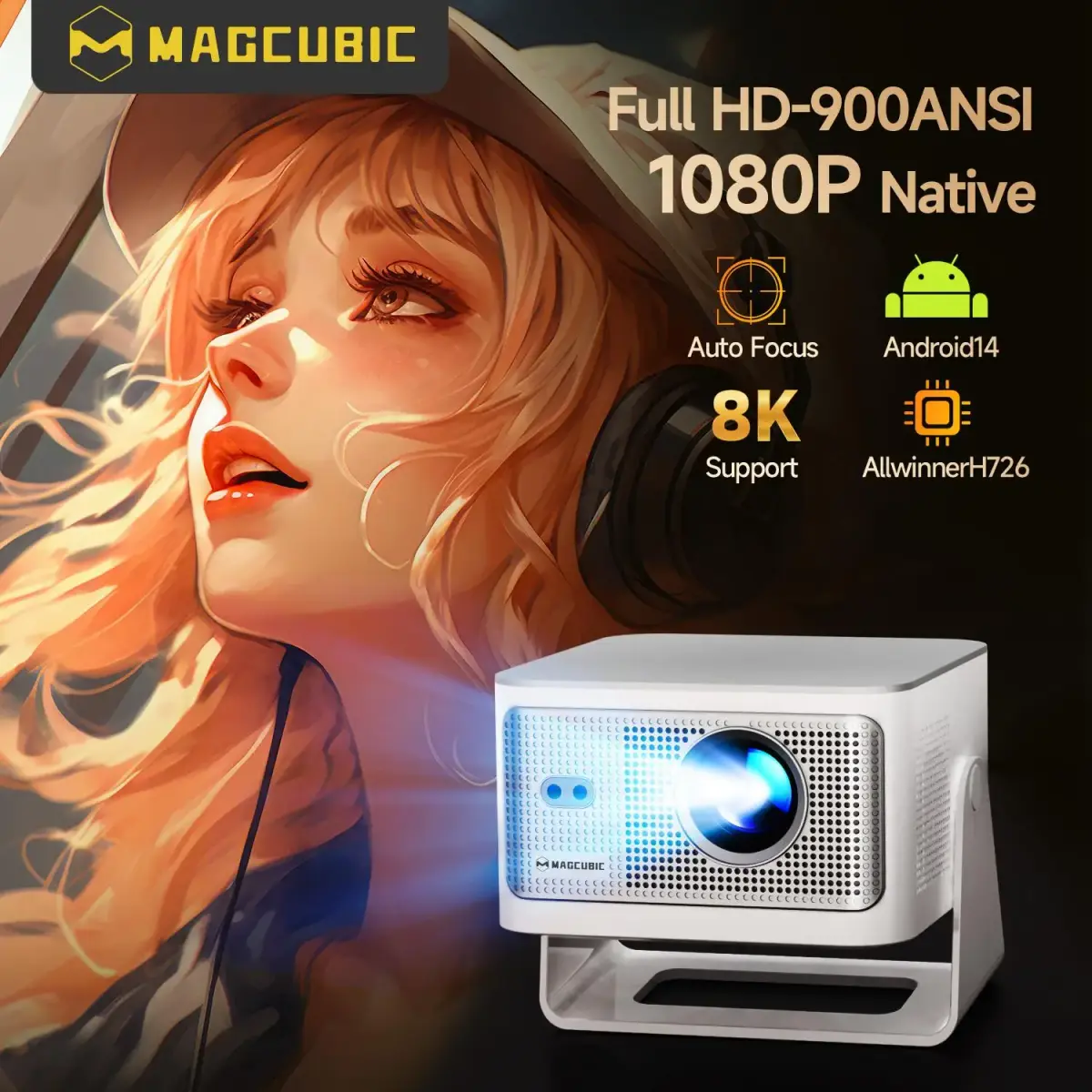 Magcubic 900ansi android 14 projetor foco automático suporte 8k nativo 1080p com wifi6 bt5.4 16g allwinner h726 portátil hy350max - 1