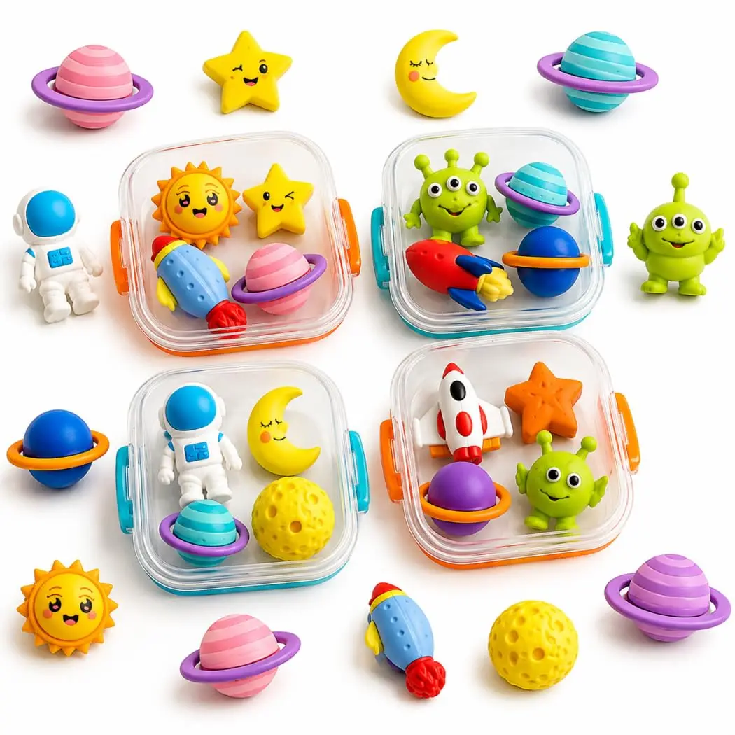 Kit de Mini Borrachas Kawaii, Colecionáveis, com Caixinha, para Escola e Presente (Espacial)