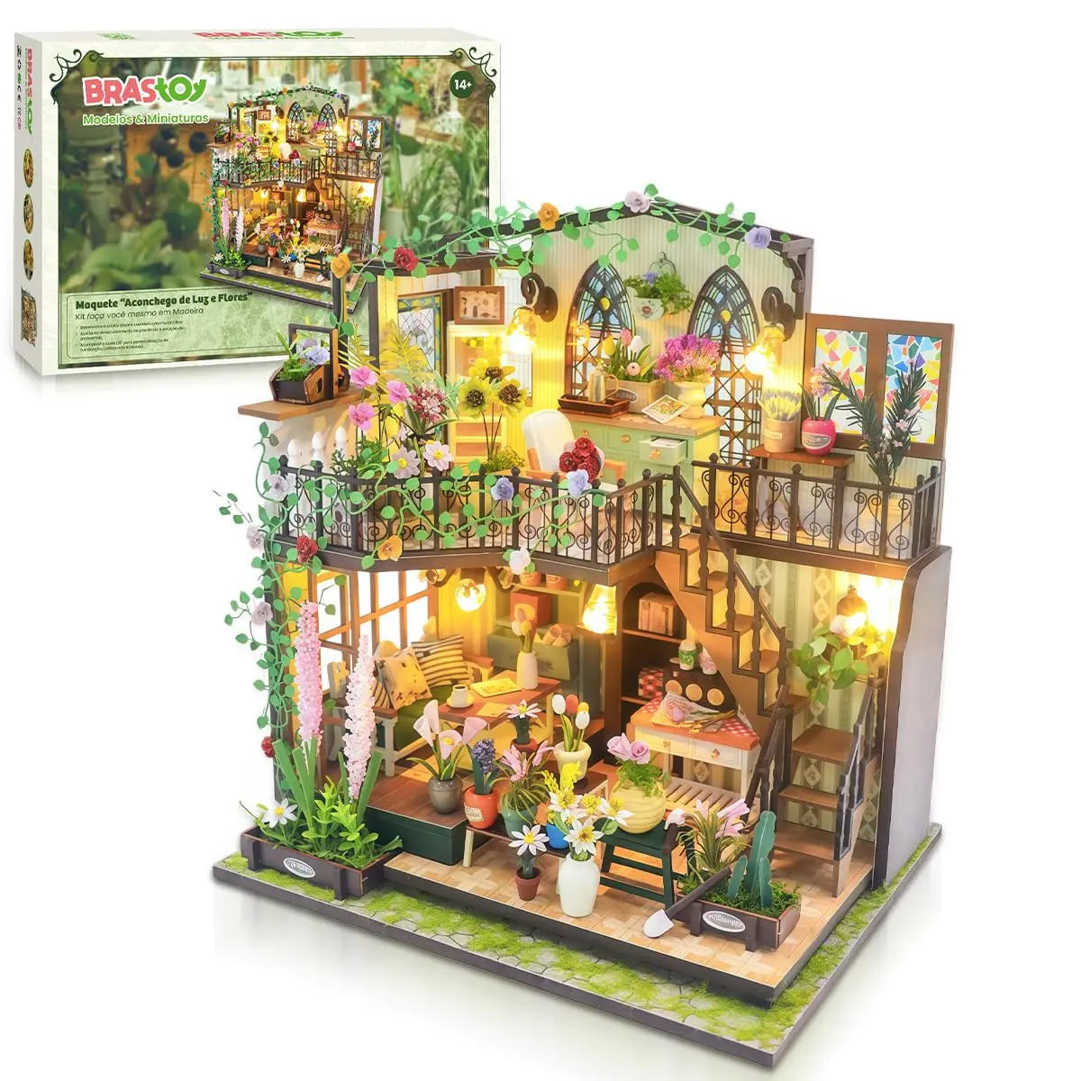 Blocos de Montar Casa de Flores Madeira DIY com Luz LED Brinquedo Infantil | Brinquedos Infantil, Com Luz LED, Construção - 1