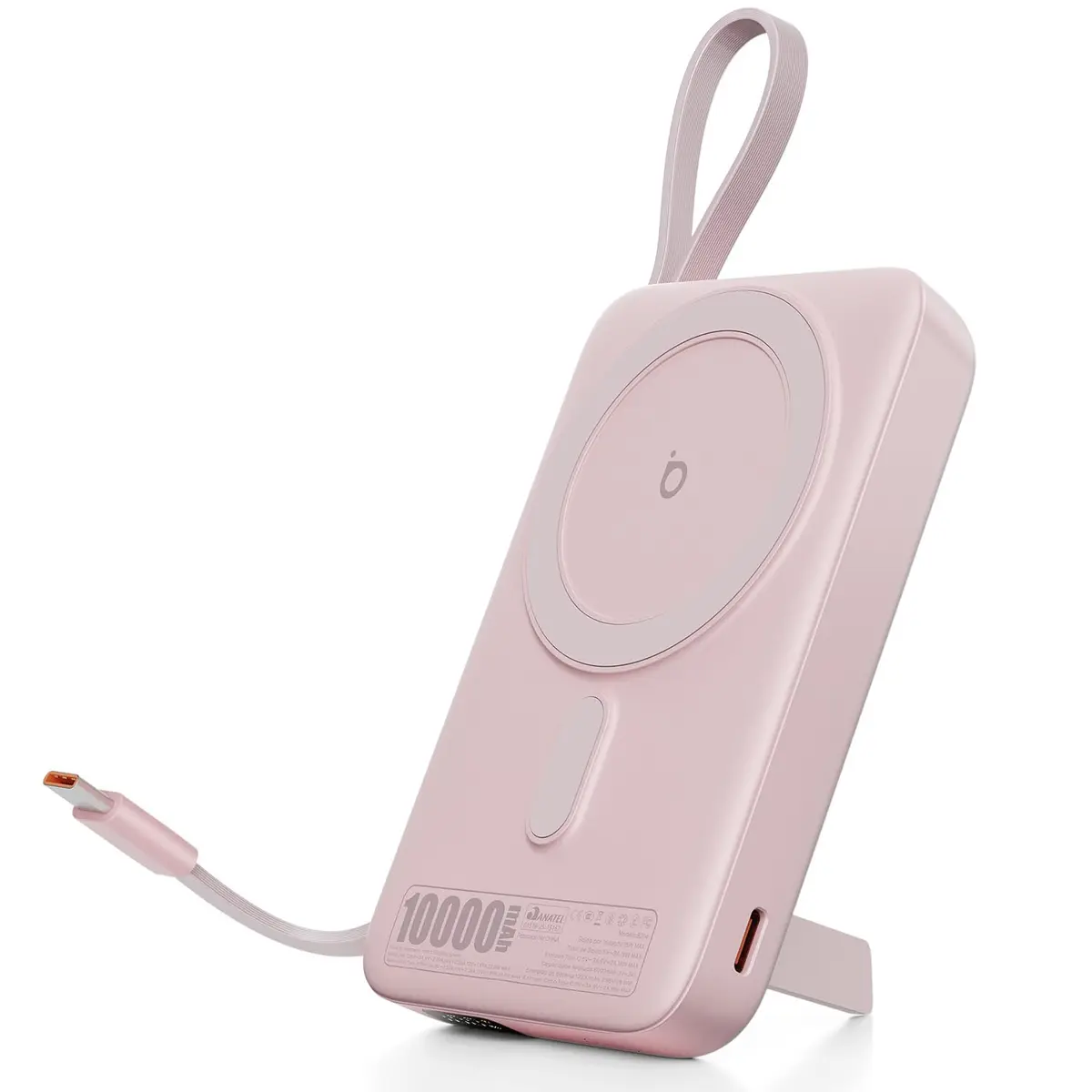 Basike Carregador Portátil Indução 10000mAh com Suporte Integrado(Rosa) | Power Bank Ultrafino e Portátil, Carregamento Rápido Sem Fio 15W(MAX) + Cabo Tipo C 22.5W(MAX) Compatível com MagSafe (Rosa)
