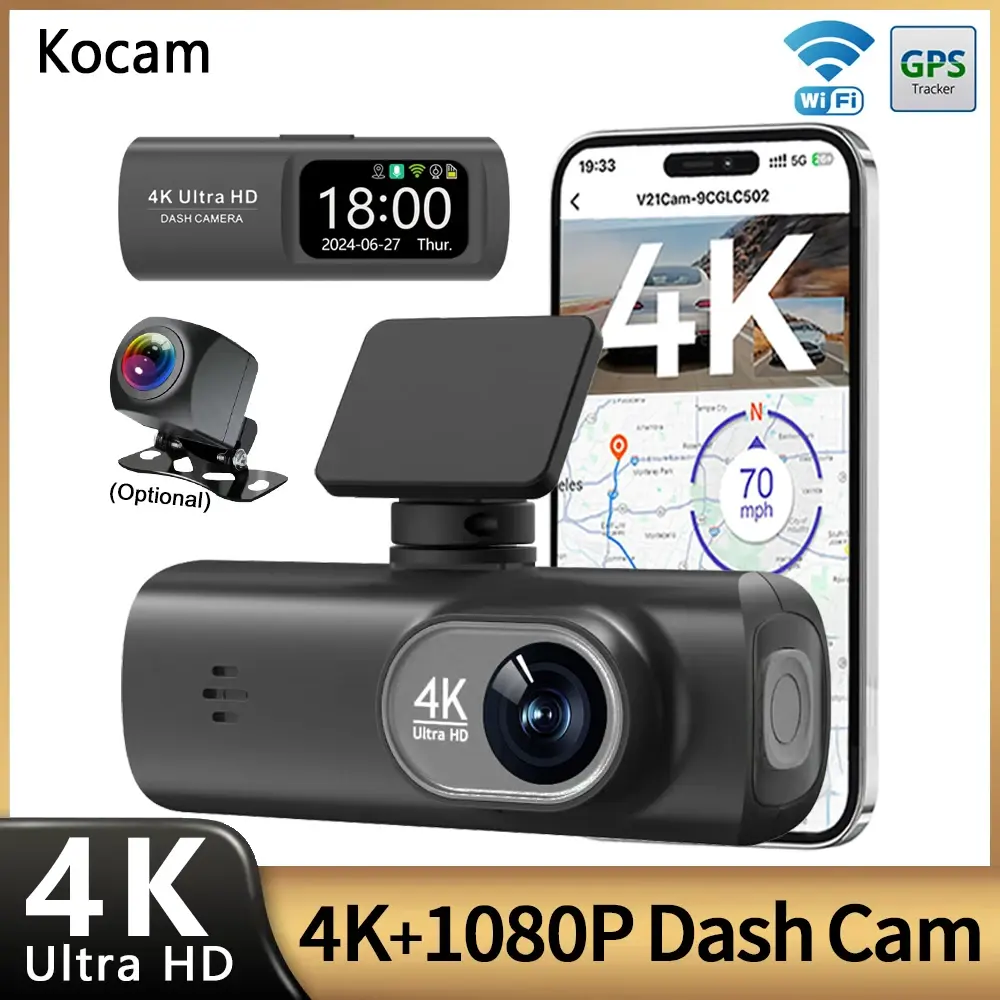 Uhd 4k wifi traço cam lente dupla gravador de condução carro dvr opcional 1080p lente traseira câmera gps 24h monitoramento estacionamento caixa preta - 1