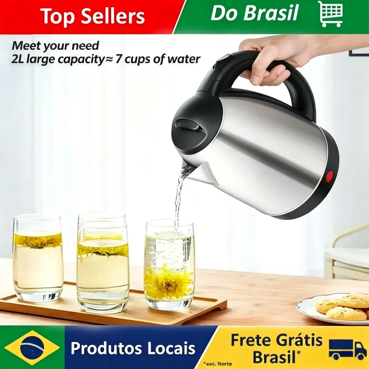 Chaleira Elétrica de Aço Inoxidável 2L, Aquecedor de Água de Grau Alimentício com Fervura Rápida, Chaleira Multiuso para Café e Chá