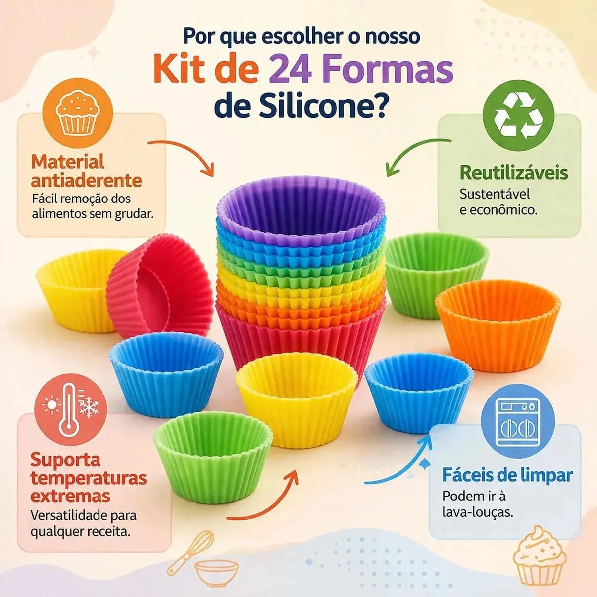 Kit 24 Forminhas de Silicone para Cupcake, Muffin e Bolinho – Ponte Lar Utilidades thumbnail 6