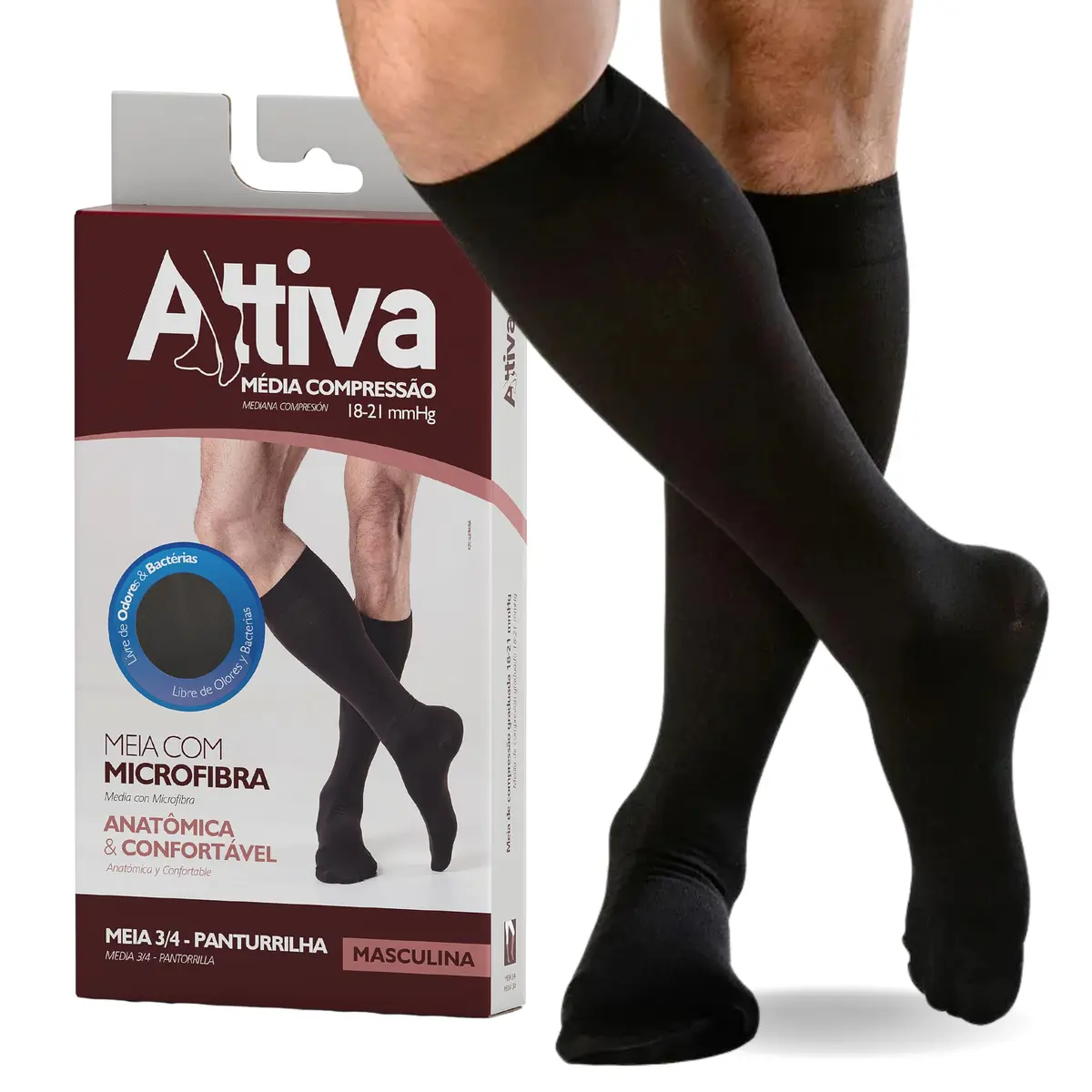 Meia de Compressão Masculina ATTIVA 3/4 Panturrilha Média 18-21 mmHg | Para Circulação e Varizes, Pernas Inchadas e Cansadas, Ideal para Trabalho e Viagem, Conforto Diário