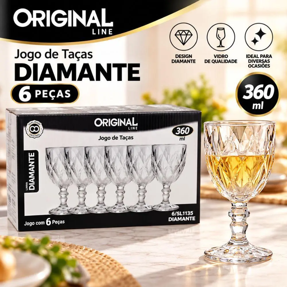 Conjunto Jogo Taça de Vidro Diamante Diamond Bico de Jaca Cristal 360ml Com 6 Peças Transparente Luxo Original Glass