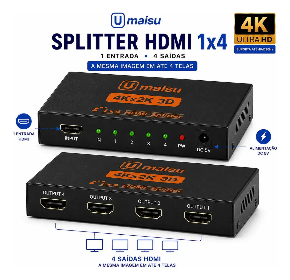 Splitter Distribuidor Divisor Hdmi 4k 1x4 3840p Repetidor De Sinal Para Telas Monitores E Projetores - U Maisu - 1