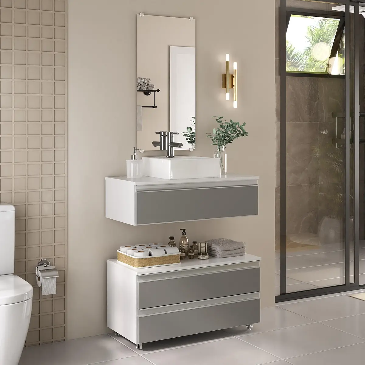 Gabinete Banheiro Creta 80cm (02 armários + cuba + espelho) (Branco/Cinza) - 1