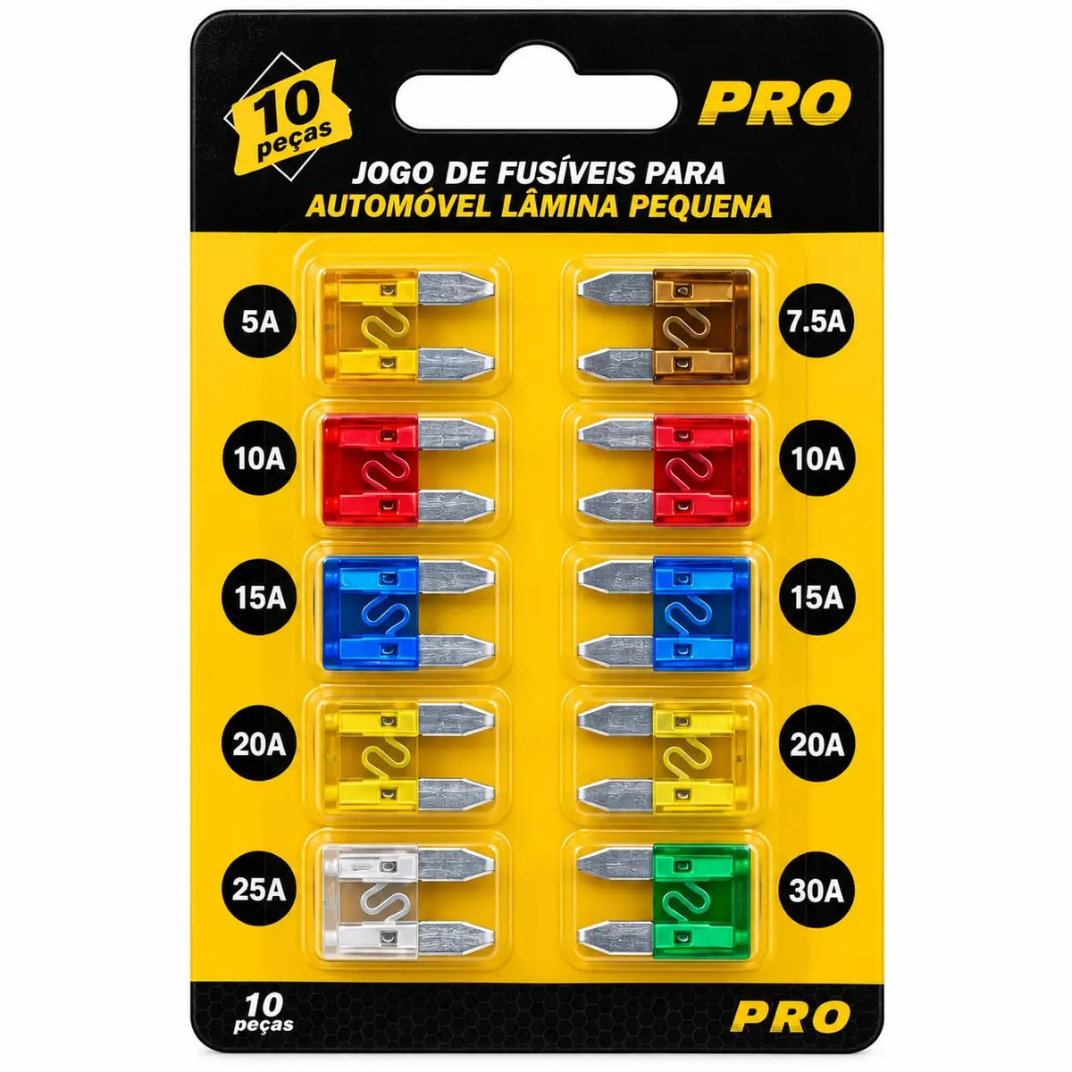 Jogo de Fusíveis Automotivos Mini Pro com 10 Peças – 5A a 30A – 10 Peças Coloridas (5A Ouro, 7.5A Marrom, 10A Vermelho, 15A Azul, 20A Amarelo, 25A Transparente, 30A Verde) – Tipo Lâmina Universal