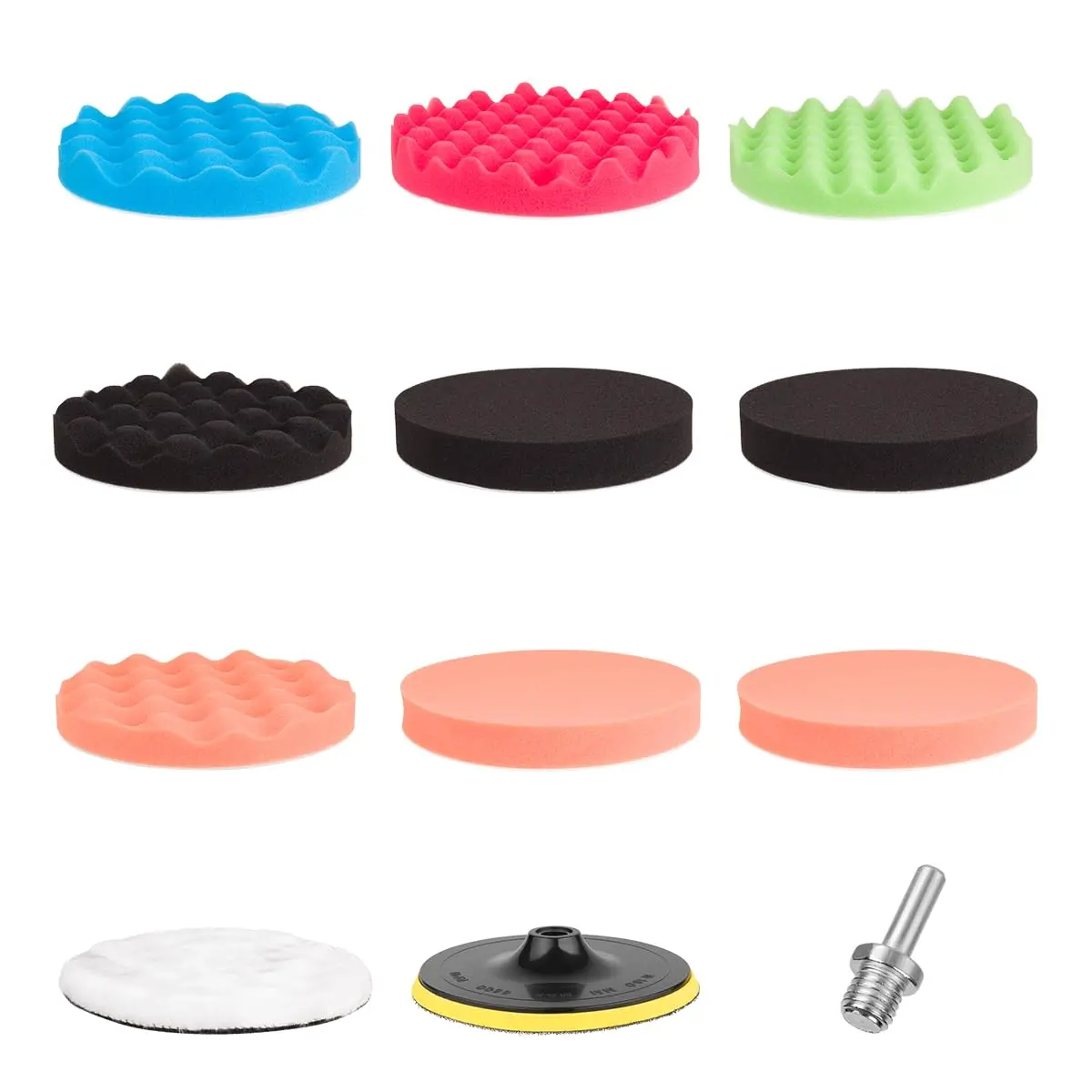 JEX Kit Polimento Automotivo com Boinas de Espuma Lisa, Boinas de Espuma Ondulada e Boina de Lã 11 Peças - CORTE, REFINO E LUSTRO (BEP-003 7 Polegadas)
