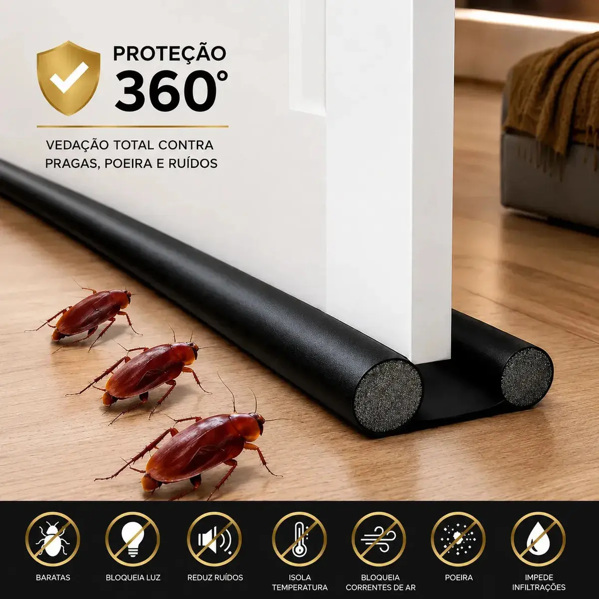 Protetor Rolinho Rolo Veda Porta Ajustável 90cm Impermeável Liso Preto