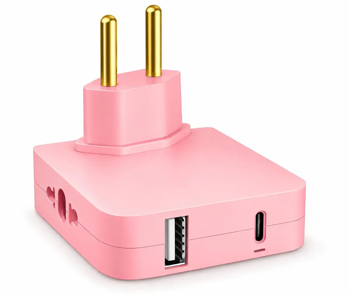 Adaptador de Tomada Articulado com USB e USB-C – 110V/220V – 2 Entradas Padrão + Porta Tipo C – Hub de Energia Compacto para Casa e Escritório (ROSA)