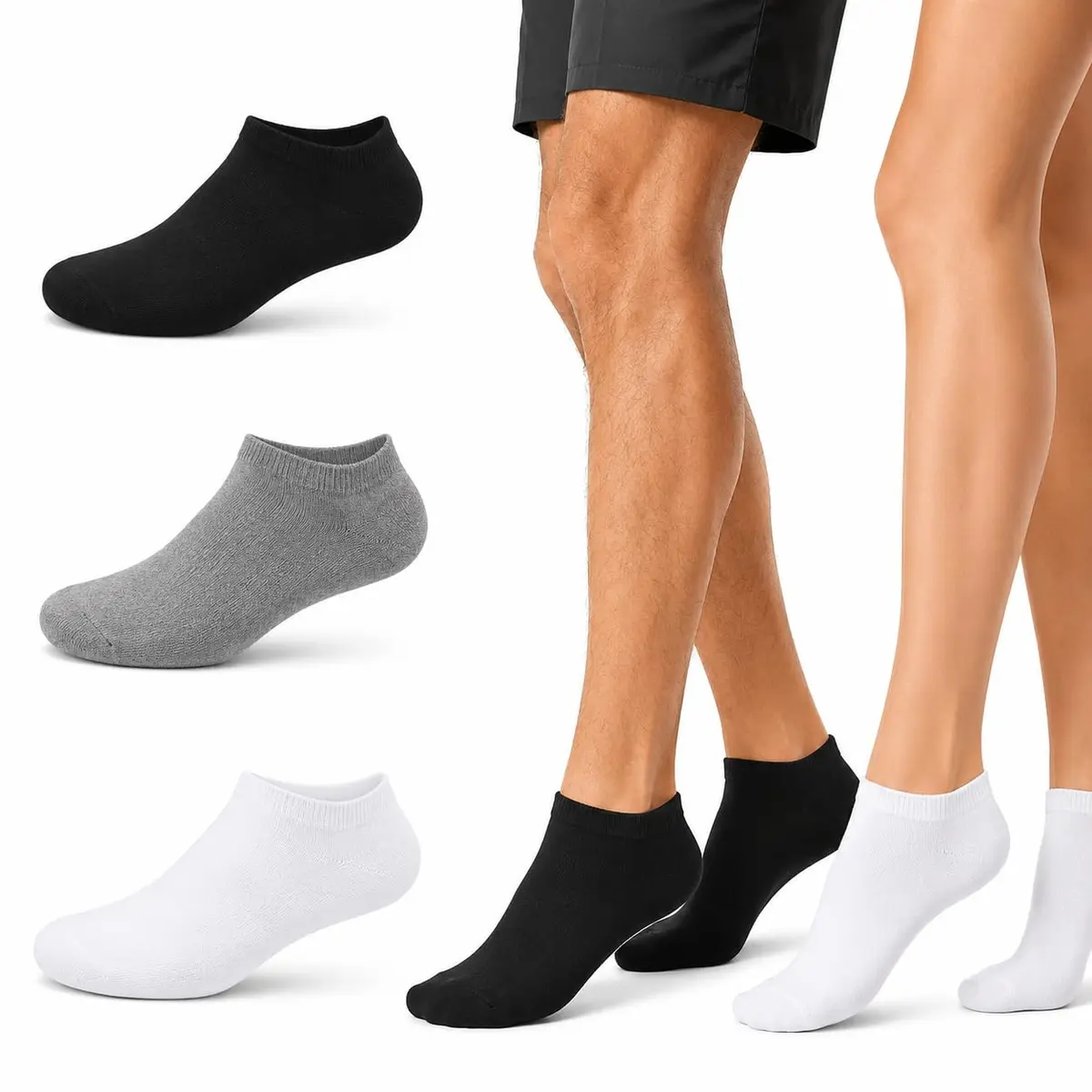 Kit 12 Pares de Meias Soquete Unissex, Algodão com Elastano e poliesster, Cano Curto, Cores Branca, Preta e Cinza, Confortável e Ótimo Ajuste - 1