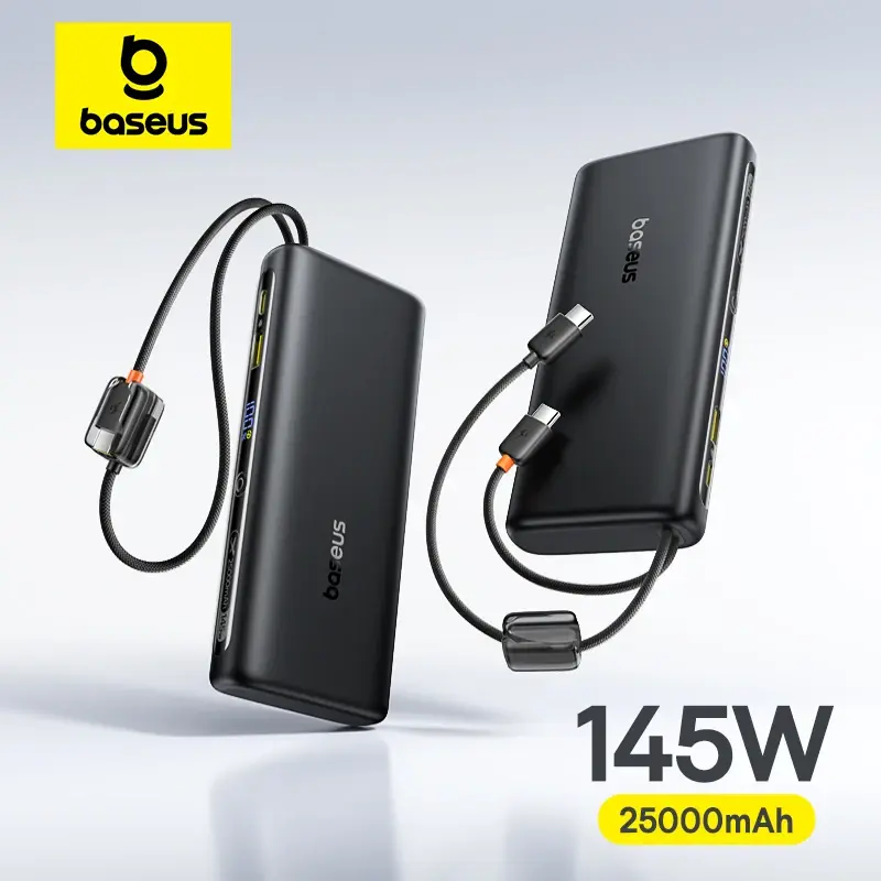 【CCC】Baseus Power Bank 25000mAh 145W com Cabo USB-C Duplo Integrado, Carregamento Rápido e Display Digital para Mac, iPhone, Samsung