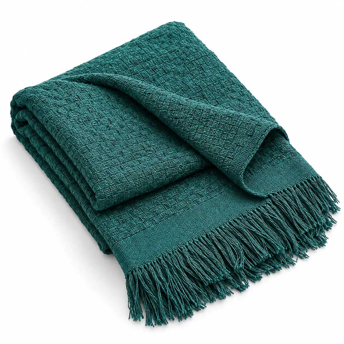 Decolab Manta para Sofá Toque Macio Boho Chic com Franjas Verde Musgo | 85% algodão e fio reciclado ecológico nacional. Tamanho 150 x 120 cm, acabamento artesanal e caimento elegante.
