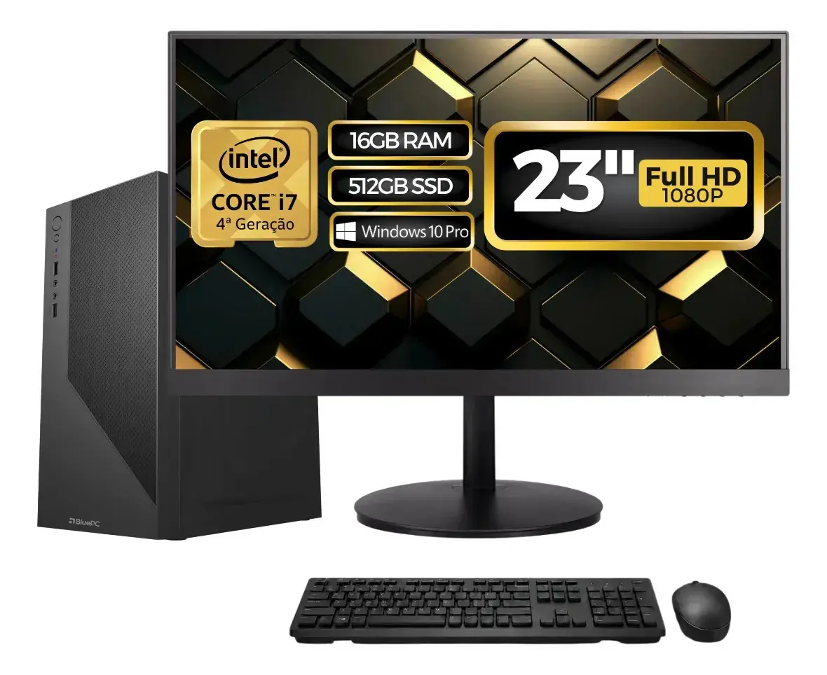 Computador Completo Top Intel Core i7 4770, 16GB RAM, SSD 512GB, Bivolt, Preto, Windows 10 Pro, Monitor 23" Full HD - BluePC CD2E-0135TO