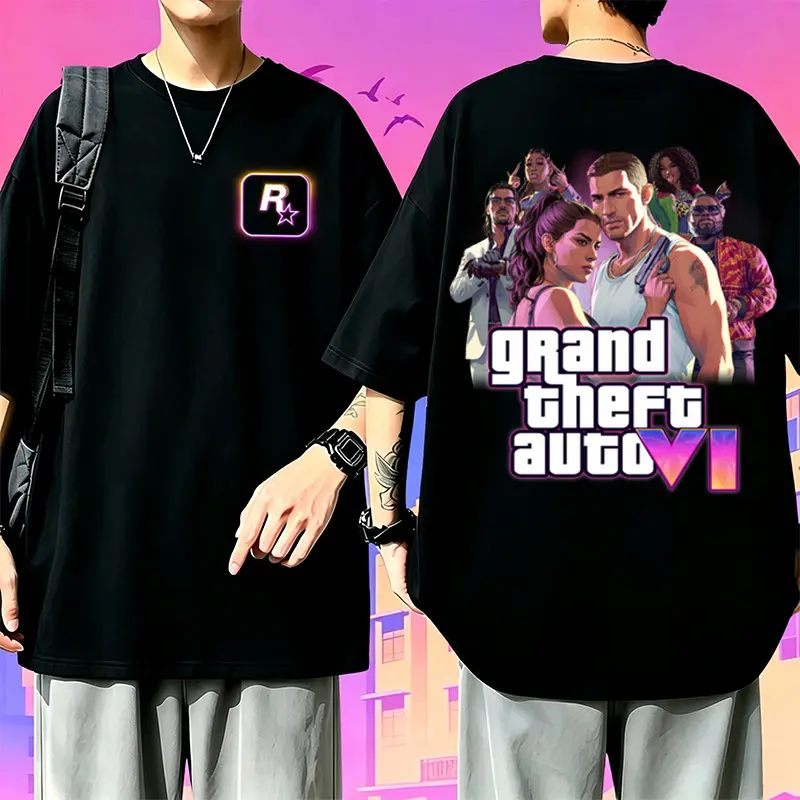 Camiseta Masculina Oversized GTA VI Estampa Dupla Face Rockstar Jogo Videogame Moda Urbana Confortável Casual - 1