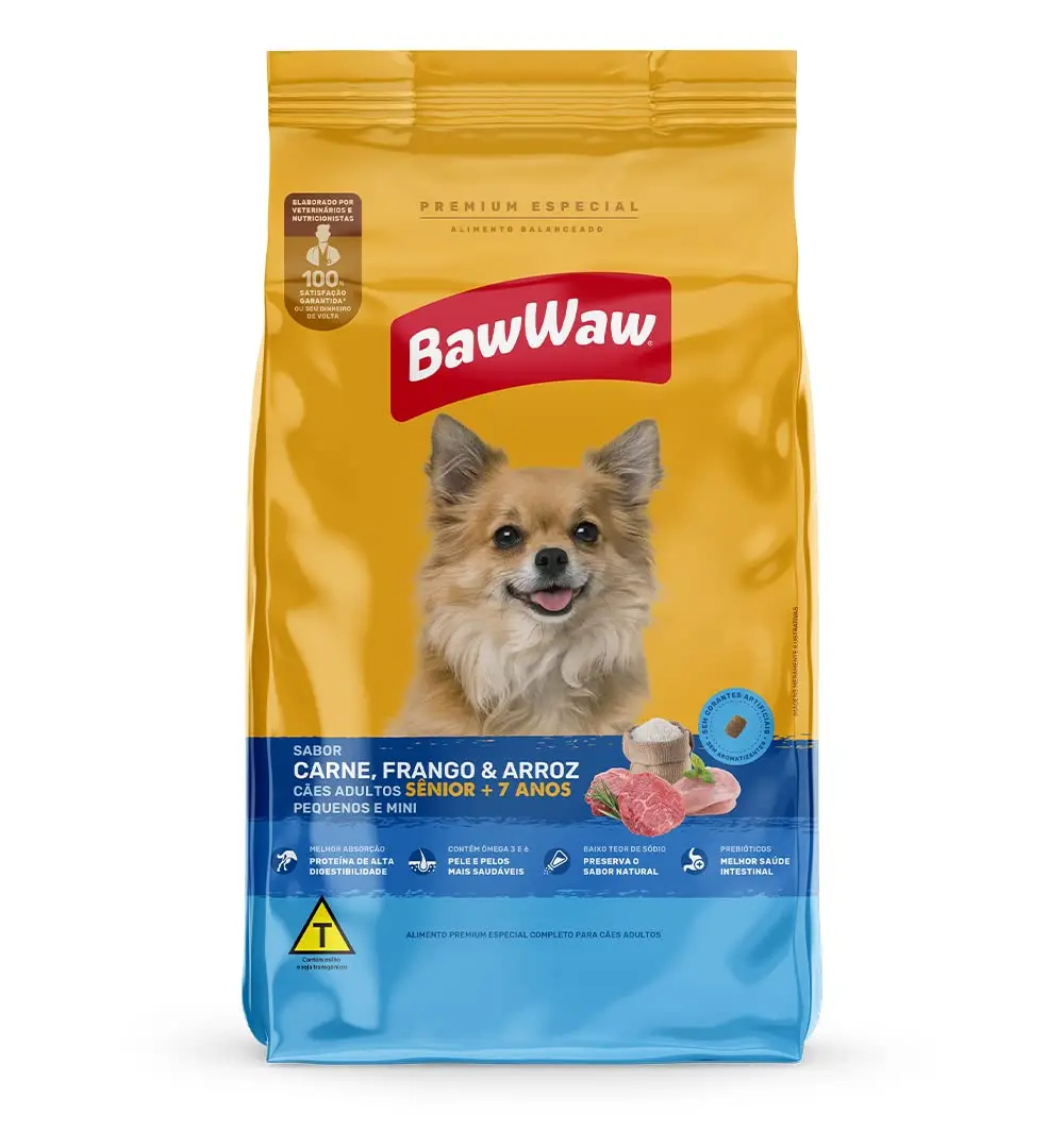 Ração Baw Waw para cães adultos Sênior pequenos e minis sabor Carne, Frango e Arroz - 10.1kg