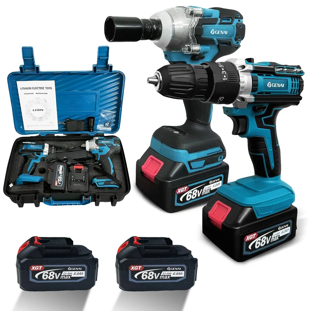 IIGENAI Brushless Parafusadeira Furadeira e Parafusadeira Chave de Impacto Kit de Ferramentas Completa 2 em 1 Kit Multiferramenta 2 Bateria 68v Furadeira Parafusadeira 220V