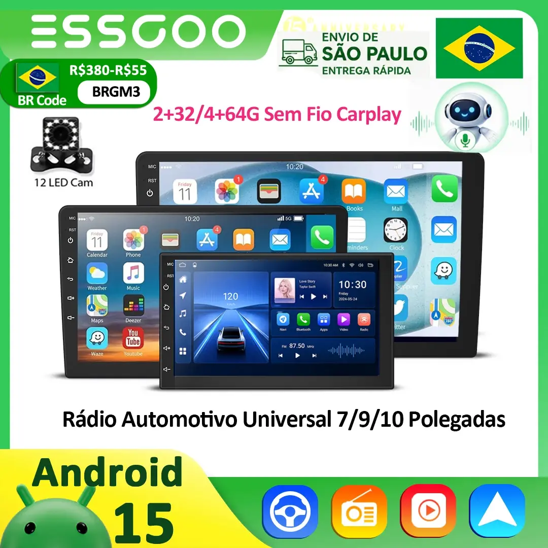 Rádio de Carro ESSGOO Android 15 Carplay Auto Multimídia Vídeo 7/9/10'' Estéreo Universal para Volkswagen Nissan Hyundai Kia Toyota - 1